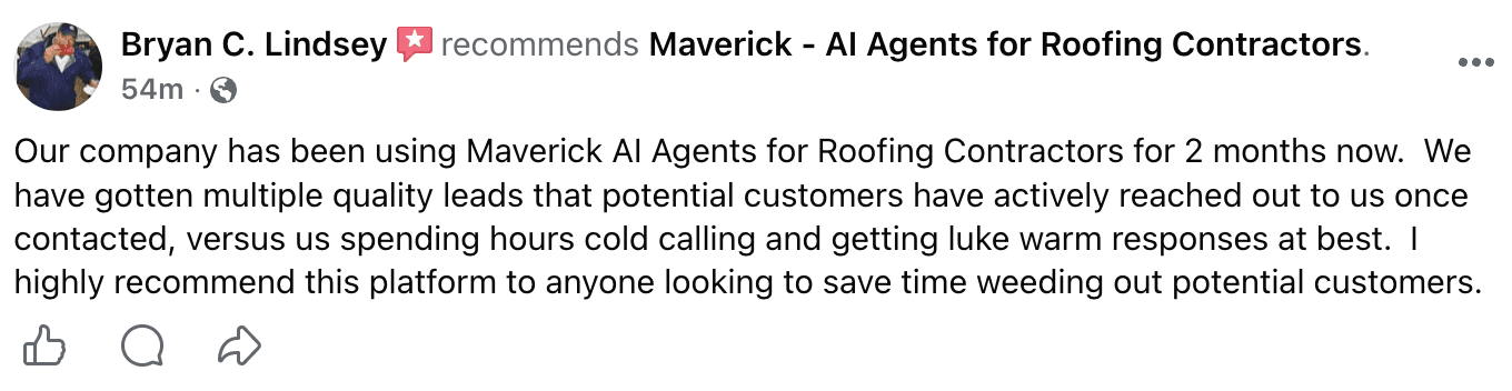 Facebook review from Bryan C. Lindsey recommending Maverick AI Agents for Roofing Contractors