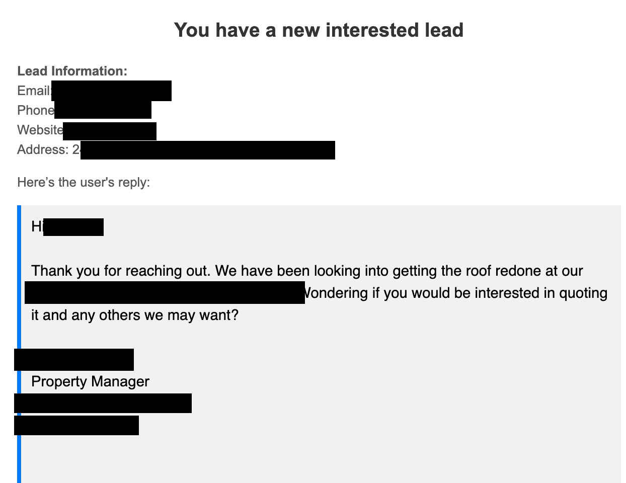 Property manager requesting re-roof quote