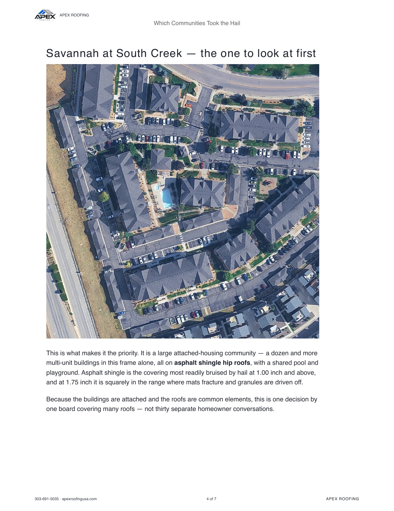 Page 4 of the report: an aerial of Savannah at South Creek showing more than a dozen attached multi-unit buildings on asphalt shingle hip roofs