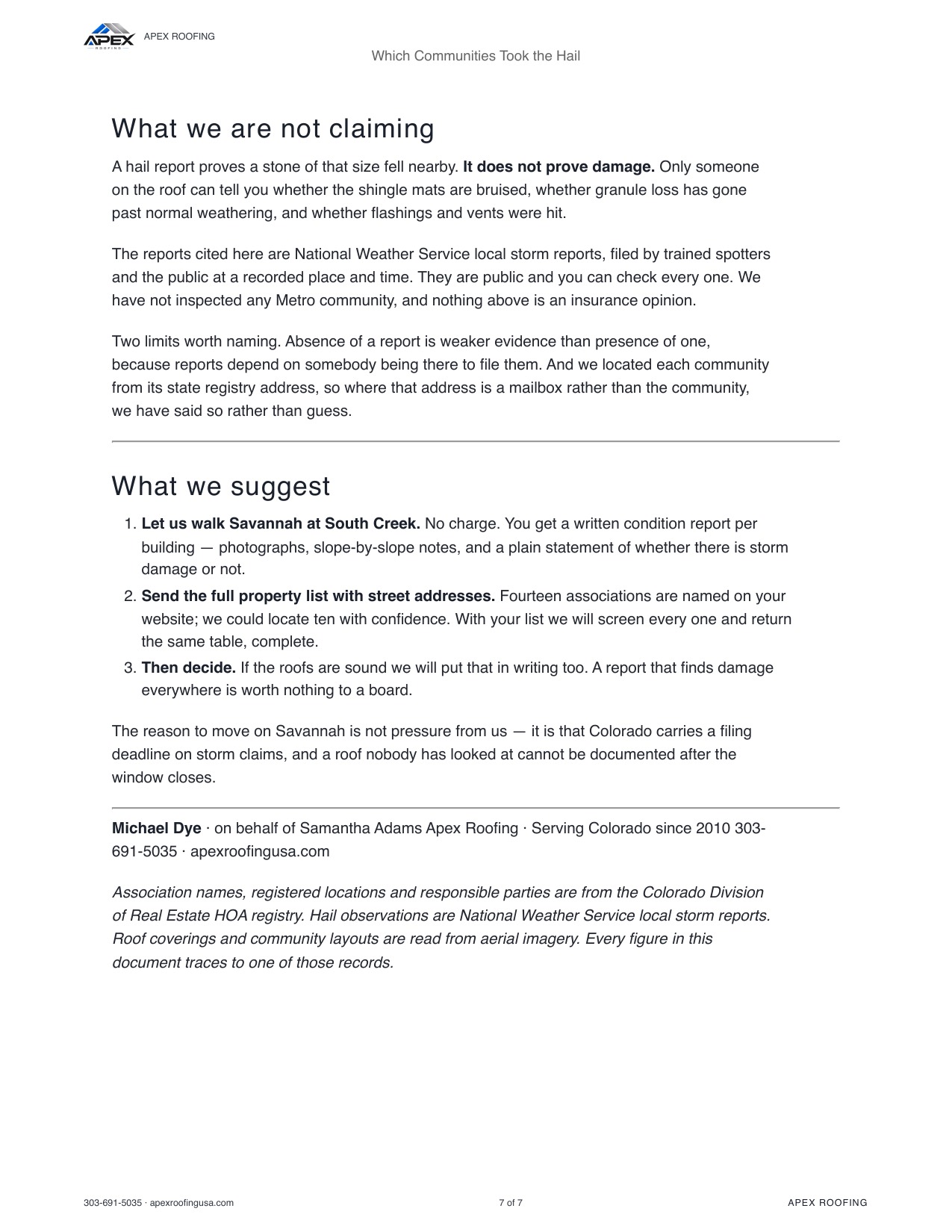 Page 7 of the report: what is not being claimed, the two named limits, and three suggested next steps