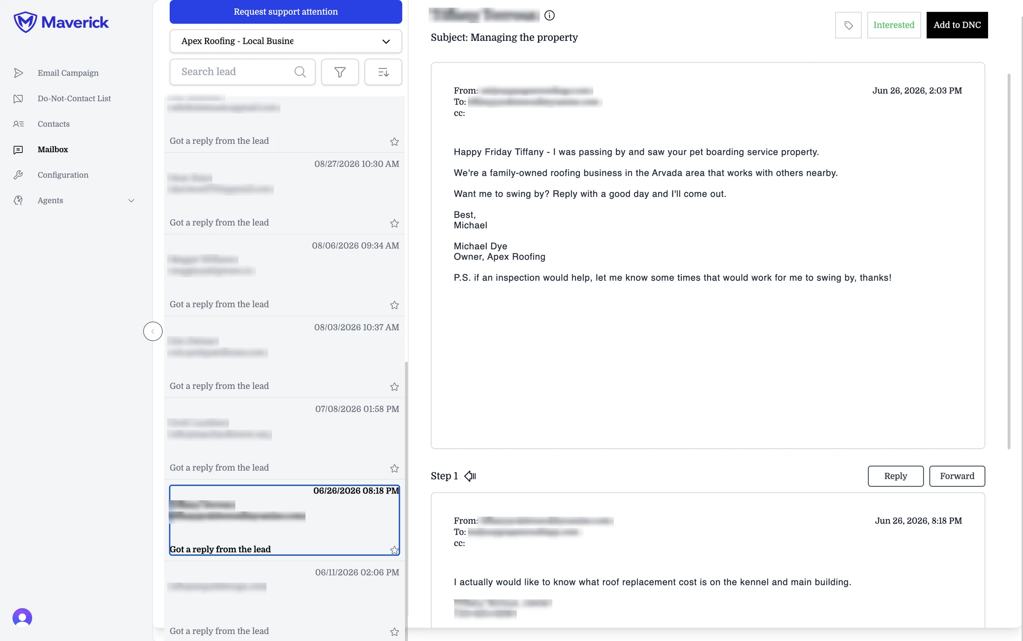 The Maverick mailbox: the outreach Maverick sent, and the building owner’s reply underneath it.