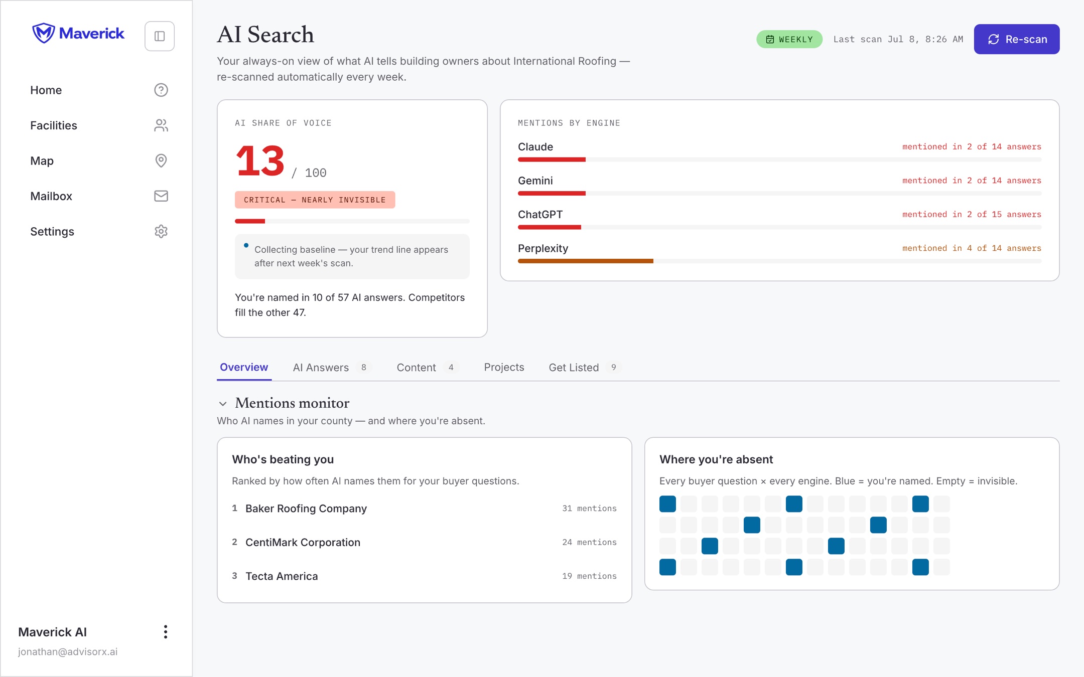 Maverick answer engine optimization — tracking how often AI assistants name your roofing company and who they name instead