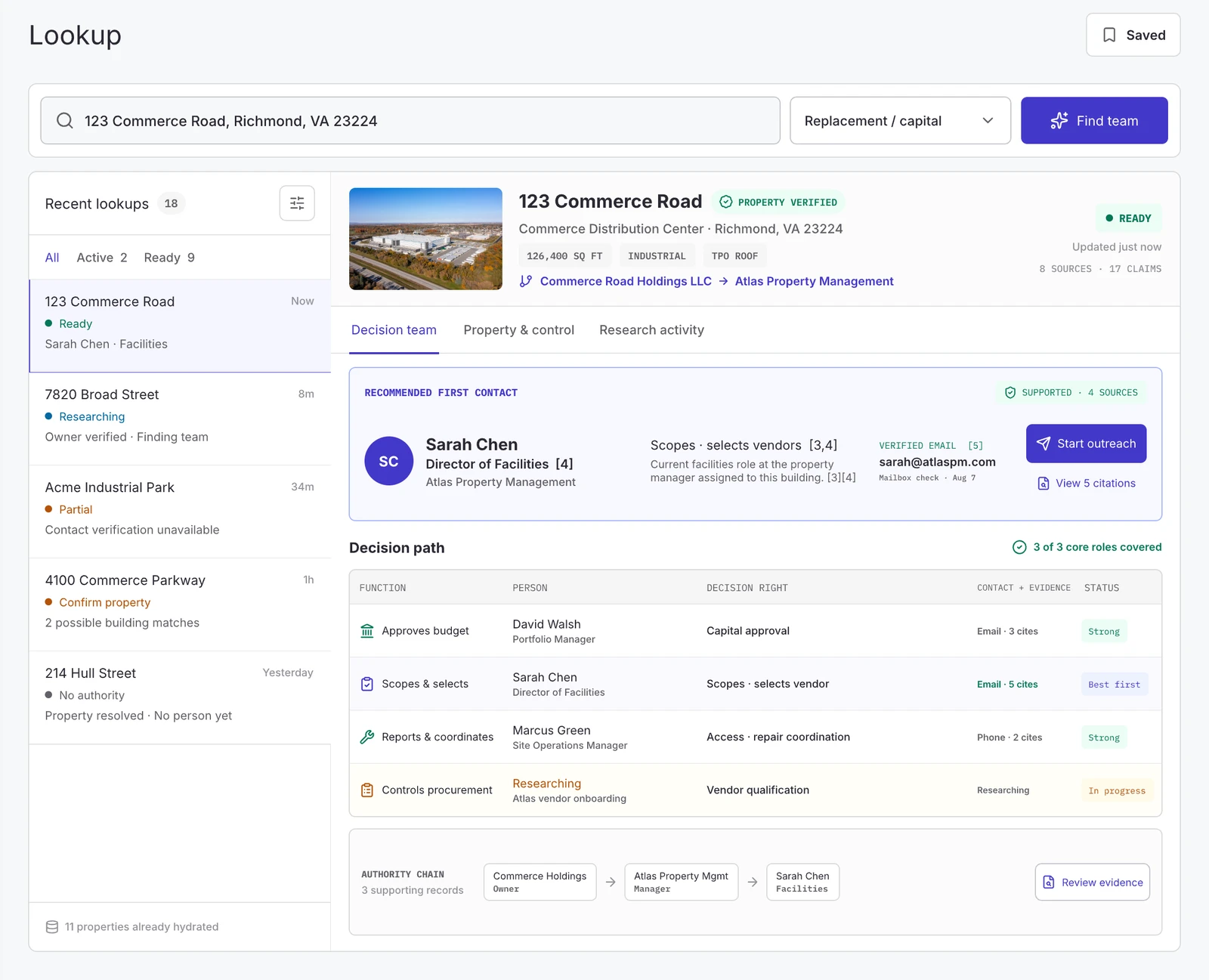 Maverick Lookup &mdash; the decision team behind a building, with verified contacts and cited evidence