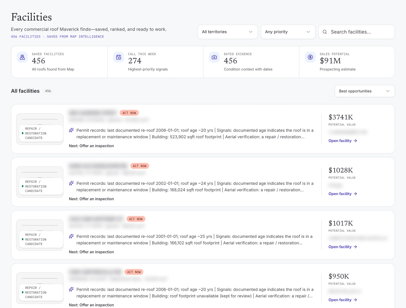Maverick Facilities &mdash; every saved roof ranked with evidence, next steps, and sales potential