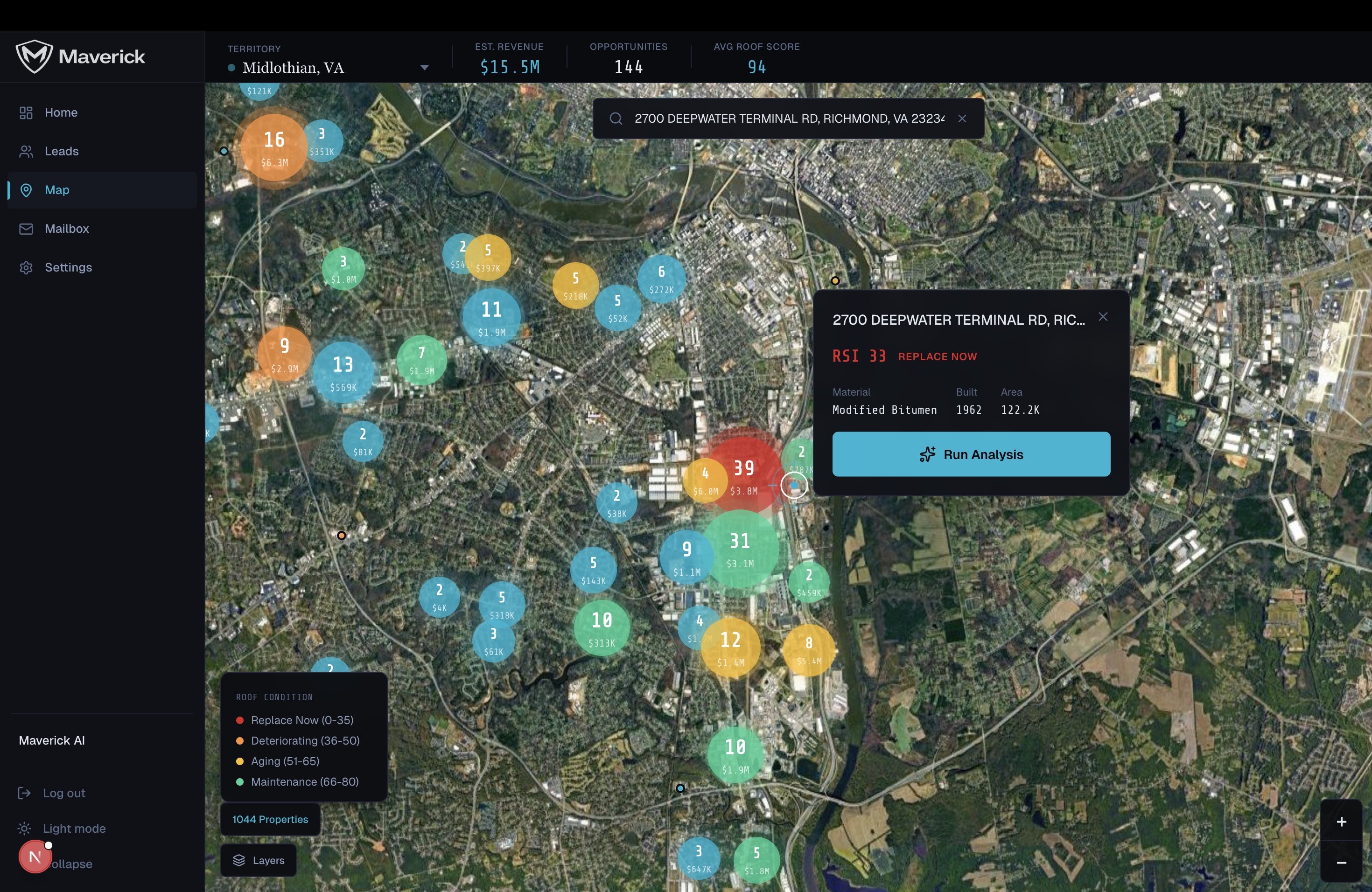 Maverick territory map — every commercial roof scored by condition