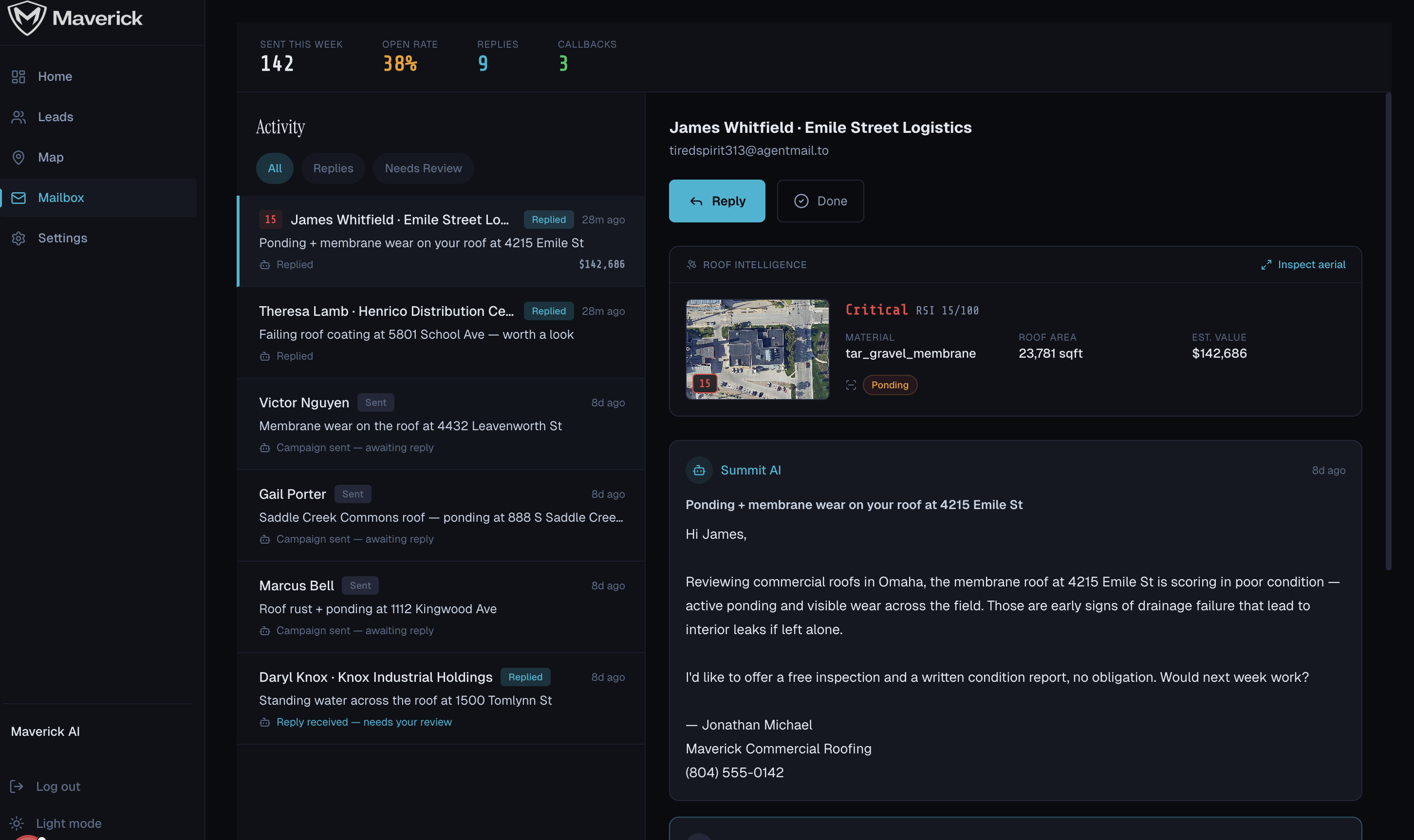 Maverick Mailbox — AI-drafted outreach grounded in each building's roof intelligence