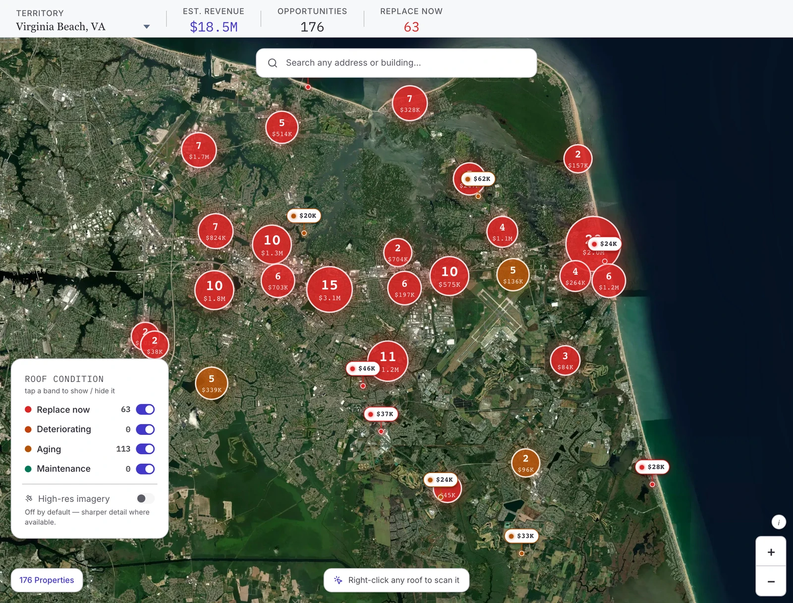 Maverick opportunity map &mdash; every commercial roof in the territory scored by condition, with estimated job values