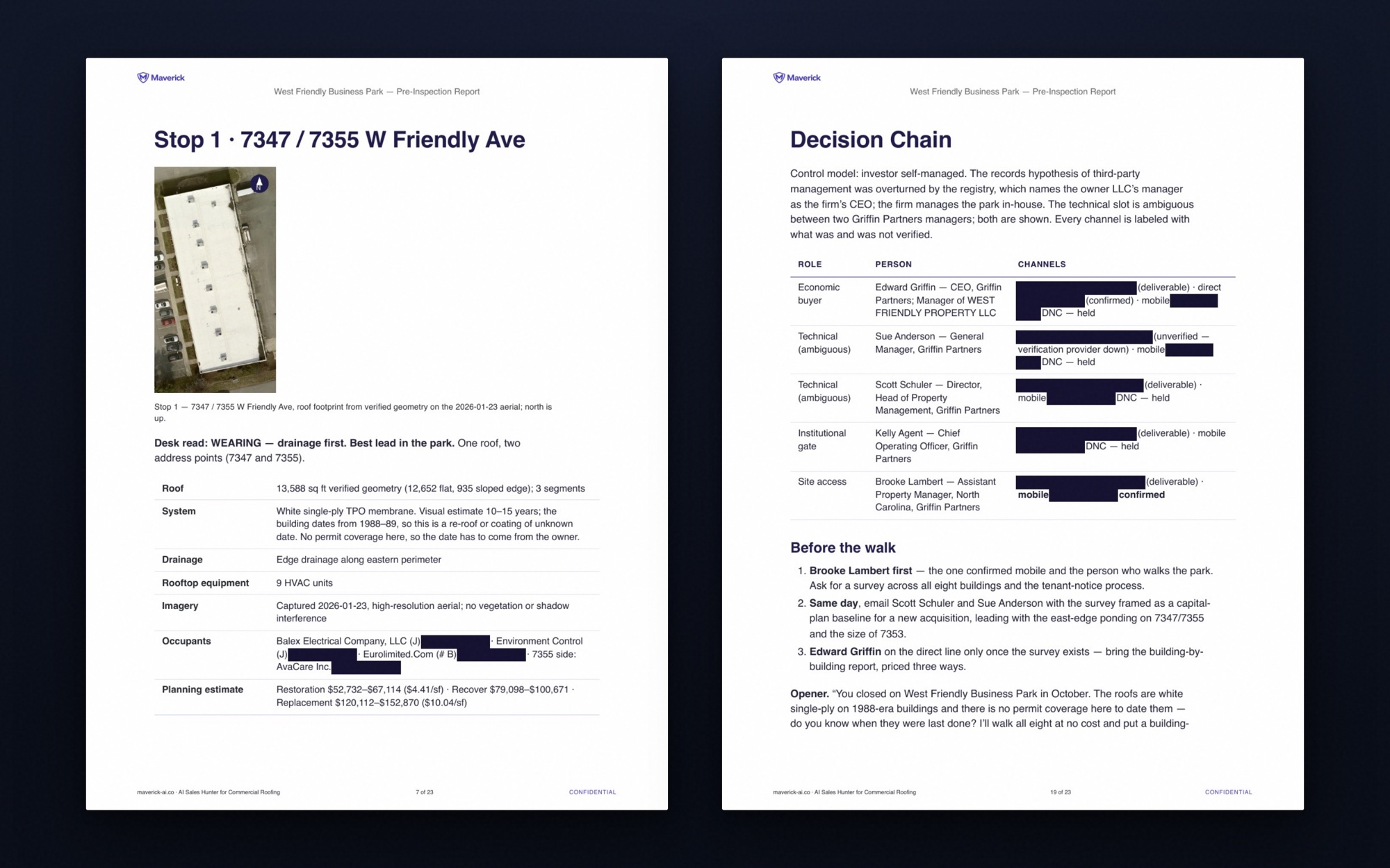 A Maverick pre-inspection report open at Stop 1 &mdash; the dated roof crop, verified geometry, system, drainage, rooftop equipment and the planning estimate